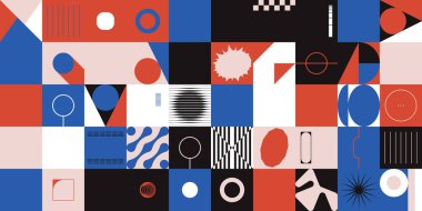 Cesur geometrik şekilli vektör soyut sembollerinin yeniden yapılandırılmış postmodern sanat eserleri, web arkaplanı, poster tasarımı, dergi ön sayfası, yüksek teknoloji baskısı, kapak resmi.