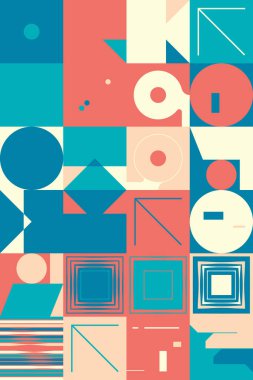 Cesur geometrik şekilli vektör soyut sembollerinin yeniden yapılandırılmış postmodern sanat eserleri, web arkaplanı, poster tasarımı, dergi ön sayfası, yüksek teknoloji baskısı, kapak resmi.