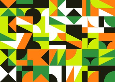 Basit şekilleri ve figürleri olan soyut mozaik sanat tasarımı. Temel form ve elementlerle geometrik desen grafikleri. Web afişi, iş sunumu, marka paketi, kumaş baskısı için mükemmel.