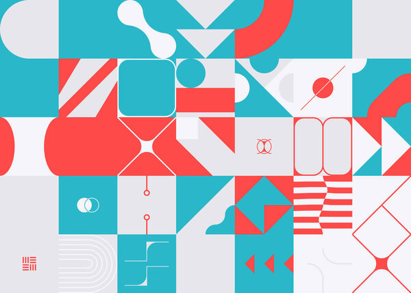 Деконструированное постмодернистское вдохновленное произведение искусства векторных абстрактных символов с жирными геометрическими формами, полезное для веб-фона, дизайн плакатов, первая страница журнала, высокотехнологичная печать, обложка.