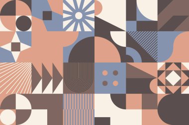 Renkli geometrik şekiller ve basit geometrik şekillerle yapılmış vektör soyut kompozisyon tasarımının neo jeo çizimi, web arkaplanı için kullanışlı, poster ince sanatları, kapak kapağı ön sayfa ve prins.