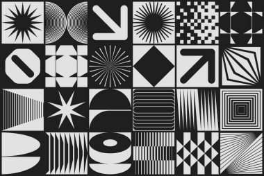 İsviçre tasarım tarzı soyut poster düzeni geometrik grafikler ve kalın elementlerle. Basit vektör şekilli modern geometri kompozisyonu çizimleri. Poster tasarımı, web sunumu vs. için kullanışlı.