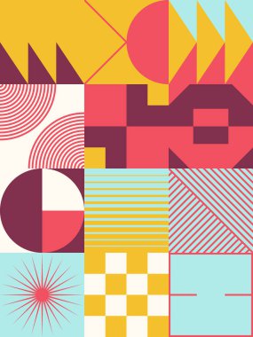 İskandinav esinlenilmiş çizimler basit geometrik şekiller ve renkli şekillerle yapılmış. Soyut vektör bileşimi, arka planlar için kullanışlı, poster tasarımı, kumaş baskıları, davet.