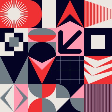 İsviçre tasarım tarzı soyut poster düzeni geometrik grafikler ve kalın elementlerle. Basit vektör şekilli modern geometri kompozisyonu çizimleri. Poster tasarımı, web sunumu vs. için kullanışlı.