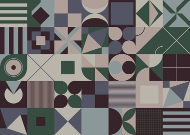 Renkli geometrik şekiller ve basit geometrik şekillerle yapılmış vektör soyut kompozisyon tasarımının neo jeo çizimi, web arkaplanı için kullanışlı, poster ince sanatları, kapak kapağı ön sayfa ve prins.