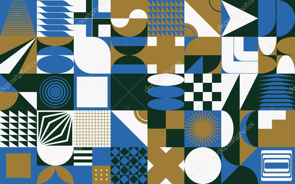 Brutalism art inspired abstract vector pattern made with simple geometric shapes and forms. Bold form graphic design, useful for web art, invitation cards, posters, prints, textile, backgrounds.