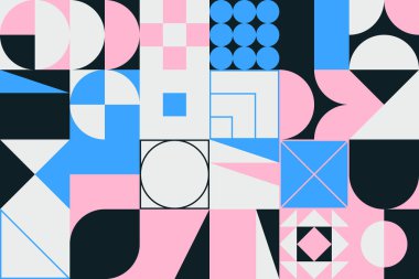 Renkli geometrik şekiller ve basit geometrik şekillerle yapılmış vektör soyut kompozisyon tasarımının neo jeo çizimi, web arkaplanı için kullanışlı, poster ince sanatları, kapak kapağı ön sayfa ve prins.