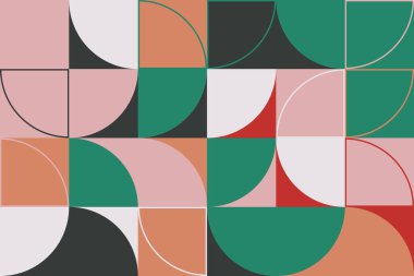 Basit şekilleri ve güzel renk paleti olan yüzyılın ortası geometrik soyut deseni. Basit geometrik desen kompozisyonu, web tasarımında en iyi kullanım alanı, kartvizit, davetiye, poster, tekstil baskısı.