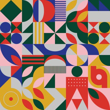 Renkli geometrik şekiller ve basit geometrik şekillerle yapılmış vektör soyut kompozisyon tasarımının neo jeo çizimi, web arkaplanı için kullanışlı, poster ince sanatları, kapak kapağı ön sayfa ve prins.