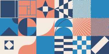 Basit şekilleri ve figürleri olan geometrik çizimler. Geometrik şekilli ve elementli soyut desenler. Web afişi, iş sunumu, marka paketi, kumaş baskısı için mükemmel.