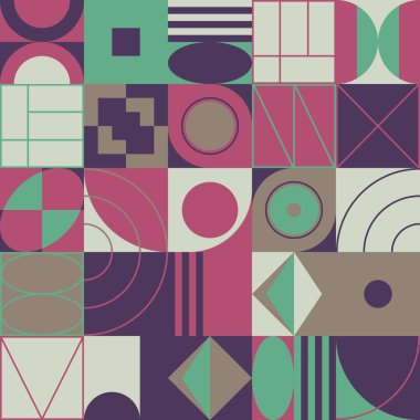 Basit şekilleri ve güzel renk paleti olan yüzyılın ortası geometrik soyut deseni. Basit geometrik desen kompozisyonu, web tasarımında en iyi kullanım alanı, kartvizit, davetiye, poster, tekstil baskısı.