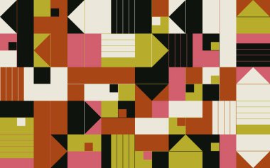 Basit geometrik şekilleri ve temel renkli formları olan modern geometrik soyut desen tasarımı. Poster sanatları, web tasarımı, markalaşma sunumu, albüm baskısı, moda dokusu vs. için harika.