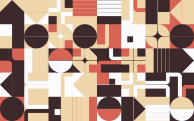 Basit geometrik şekilleri ve temel renkli formları olan modern geometrik soyut desen tasarımı. Poster sanatları, web tasarımı, markalaşma sunumu, albüm baskısı, moda dokusu vs. için harika.