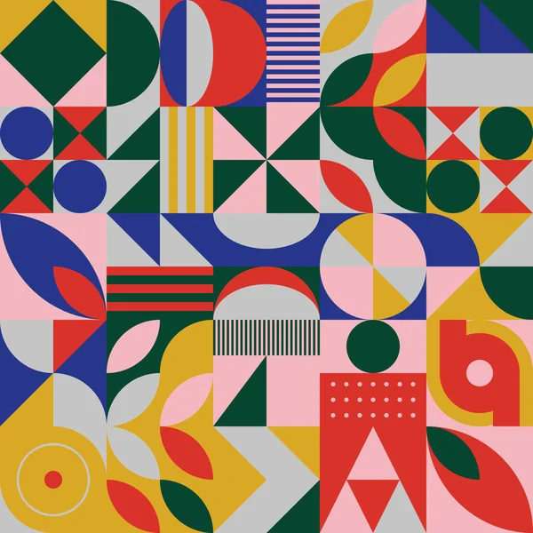 Renkli geometrik şekiller ve basit geometrik şekillerle yapılmış vektör soyut kompozisyon tasarımının neo jeo çizimi, web arkaplanı için kullanışlı, poster ince sanatları, kapak kapağı ön sayfa ve prins.