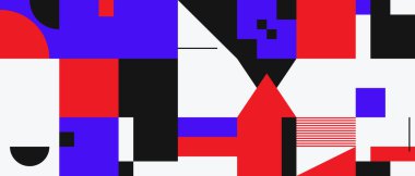 Basit şekiller ve parlak ve canlı renklerden oluşan soyut geometrik vektör deseni. Geometrik kompozisyon, web tasarımı için kullanışlı, kartvizit, davet, poster, tekstil baskısı, arkaplan.