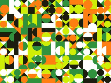 Basit şekiller ve parlak ve canlı renklerden oluşan soyut geometrik vektör deseni. Geometrik kompozisyon, web tasarımı için kullanışlı, kartvizit, davet, poster, tekstil baskısı, arkaplan.