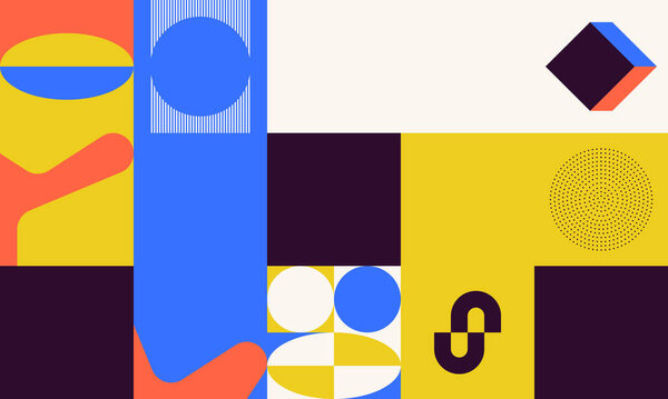 Абстрактный геометрический векторный узор, выполненный простыми цветами и яркими яркими красками. Геометрическая композиция, полезная для веб-дизайна, визитной карточки, приглашения, плаката, текстильной печати, фона.