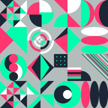 Basit şekiller ve parlak ve canlı renklerden oluşan soyut geometrik vektör deseni. Geometrik kompozisyon, web tasarımı için kullanışlı, kartvizit, davet, poster, tekstil baskısı, arkaplan.