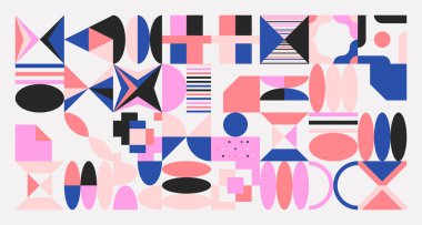 Naif el çizimi elementlerin ve basit geometrik formların toplanması, web tasarımı, poster sanatı, tekstil tasarımı, dekoratif baskı, davetiye mektubu, arkaplan.