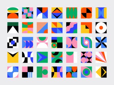 Soyut vektör, kalın grafik elementlerinin ve basit geometrik formların koleksiyonunu şekillendirir, web tasarımı, poster sanatı, dekoratif baskı, davetiye mektubu, arkaplan.