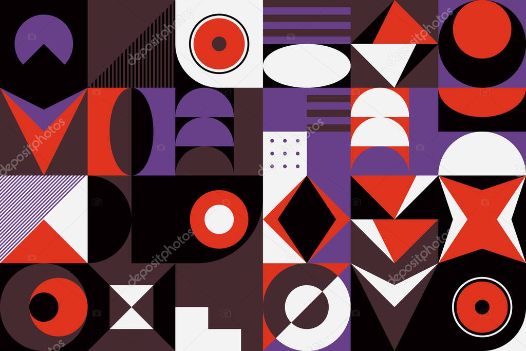 Modern geometric abstract pattern design with simple geometrical shapes and basic colorful forms. Great for use in poster arts, web design, branding presentation, album print, fashion texture and etc.