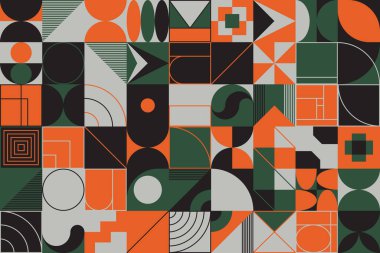 Bauhaus tasarım tarzından esinlenen soyut doğrusal geometrik desen dokusu. Basit vektör şekilleri ve temel biçimlerle modern geometri kompozisyonu çizimleri, poster tasarımı ve web sunumu için harika.