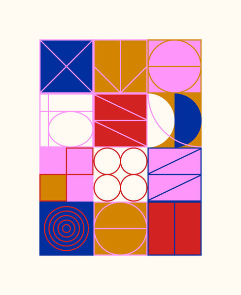 Abstract linear geometric pattern texture inspired by Bauhaus design style. Modern geometry composition artwork with simple vector shapes and basic forms, great for poster design and web presentation.