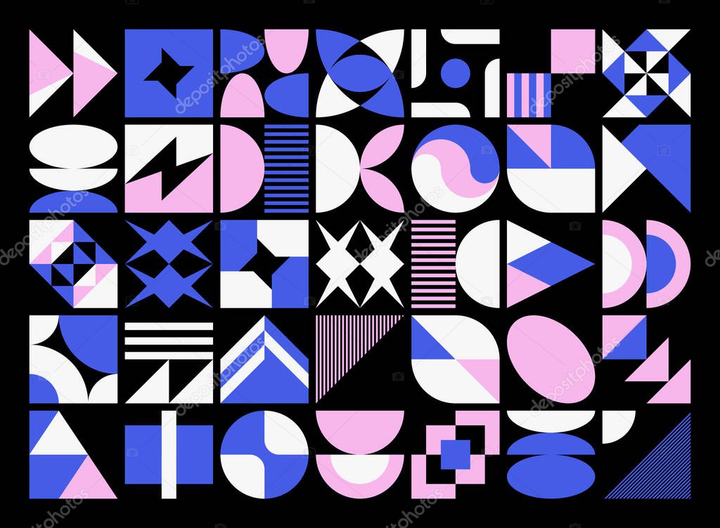 Neo Modernism artwork pattern made with abstract vector geometric shapes and forms. Simple form bold graphic design, useful for web art, invitation cards, posters, prints, textile, backgrounds.