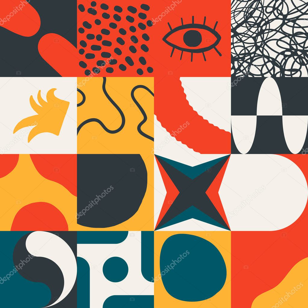 Trendy artwork pattern with abstract vector geometric shapes and hand-drawn organic textures. Simple form bold graphic design, useful for web art, invitation cards, posters, prints, textile, backgrounds