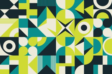 Renkli geometrik şekiller ve basit geometrik şekillerle yapılmış vektör soyut kompozisyon tasarımının yeni jeo çizimi, web arkaplanı, poster dokusu, kapaklar, ön sayfalar ve baskılar için kullanışlı.