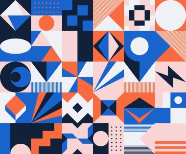 İsviçre tasarım tarzı soyut poster düzeni geometrik grafikler ve kalın elementlerle. Basit vektör şekilli modern geometri kompozisyonu çizimleri. Poster tasarımı, web sunumu vs. için kullanışlı.