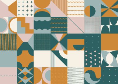 Basit formlar ve temel elementlerle yapılmış geometrik soyut vektör grafikleri. Web tasarımı, kartvizit, davetiye, poster, moda baskısı için Geometrik desen kompozisyonu.