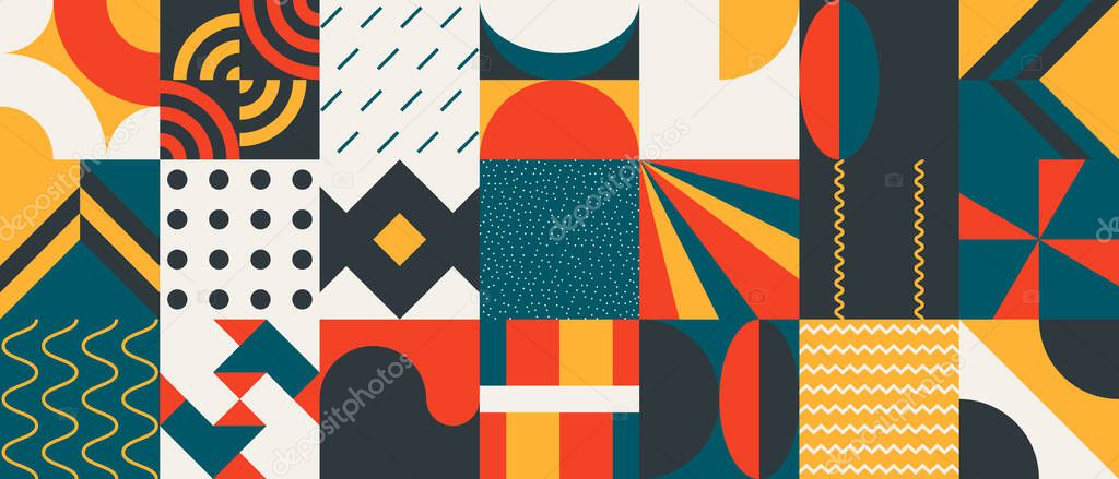 Geometric artwork design with simple shapes and figures. Abstract pattern graphics with geometrical forms and elements. Perfect for web banner, business presentation, branding package, fabric print.