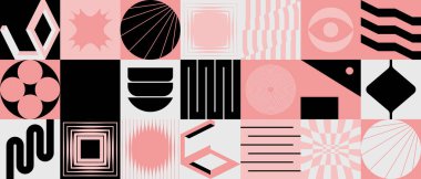 Basit şekilleri ve figürleri olan geometrik çizimler. Geometrik şekilli ve elementli soyut desenler. Web afişi, iş sunumu, marka paketi, kumaş baskısı için mükemmel.