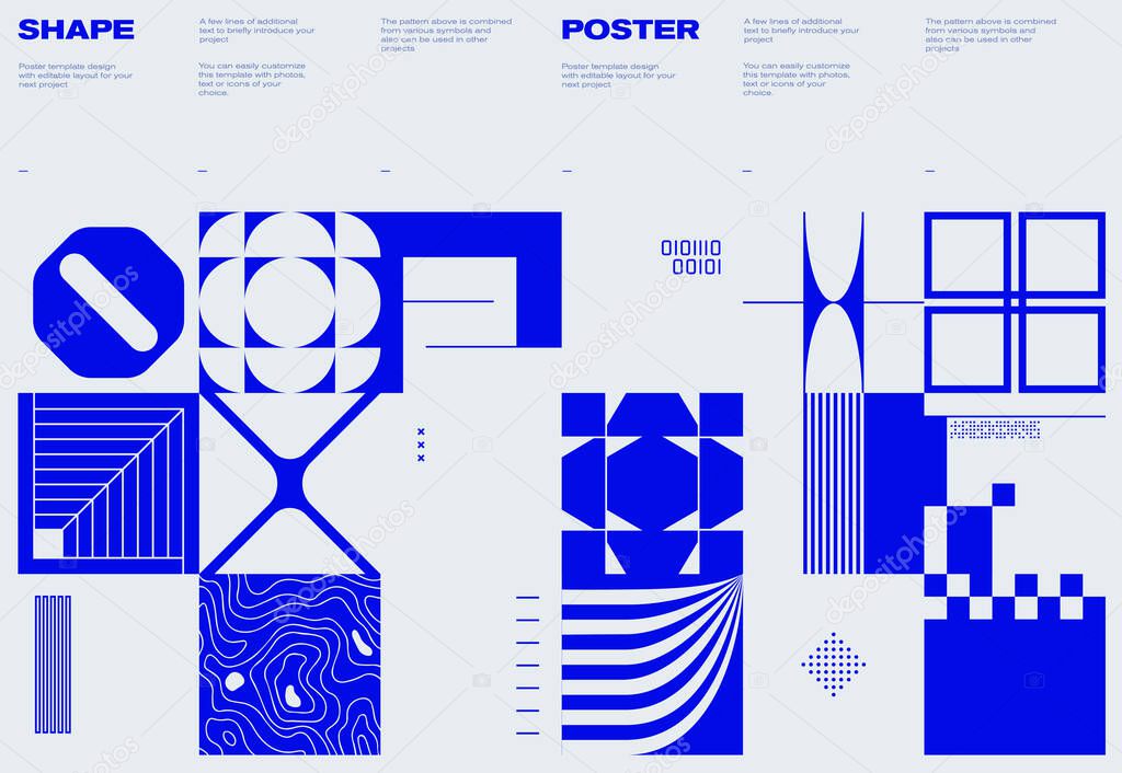 Swiss poster design template layout with clean typography and minimal vector pattern with colorful abstract geometric shapes. Great for branding, presentation, album print, website header, web banner.