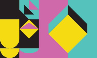 Basit şekiller ve parlak ve canlı renklerden oluşan soyut geometrik vektör deseni. Geometrik kompozisyon, web tasarımı için kullanışlı, kartvizit, davet, poster, tekstil baskısı, arkaplan.