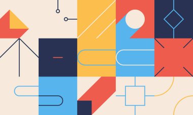 Bauhaus tasarım tarzından esinlenen soyut doğrusal geometrik desen dokusu. Basit vektör şekilleri ve temel biçimlerle modern geometri kompozisyonu çizimleri, poster tasarımı ve web sunumu için harika.