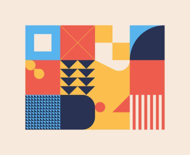 İsviçre tasarım tarzı soyut poster düzeni geometrik grafikler ve kalın elementlerle. Basit vektör şekilli modern geometri kompozisyonu çizimleri. Poster tasarımı, web sunumu vs. için kullanışlı.