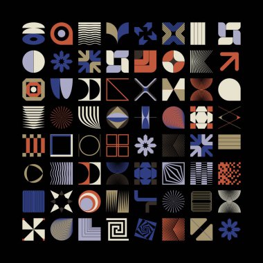 Soyut vektör, kalın grafik elementlerinin ve basit geometrik formların koleksiyonunu şekillendirir, web tasarımı, poster sanatı, dekoratif baskı, davetiye mektubu, arkaplan.