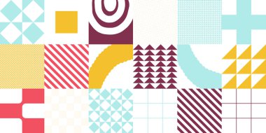 Basit geometrik şekilleri ve temel renkli formları olan modern geometrik soyut desen tasarımı. Poster sanatları, web tasarımı, markalaşma sunumu, albüm baskısı, moda dokusu vs. için harika.