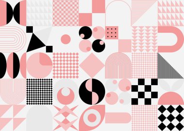 Basit şekiller ve parlak ve canlı renklerden oluşan soyut geometrik vektör deseni. Geometrik kompozisyon, web tasarımı için kullanışlı, kartvizit, davet, poster, tekstil baskısı, arkaplan.