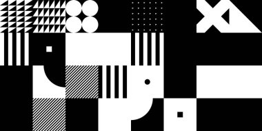 Basit geometrik şekilleri ve temel renkli formları olan modern geometrik soyut desen tasarımı. Poster sanatları, web tasarımı, markalaşma sunumu, albüm baskısı, moda dokusu vs. için harika.