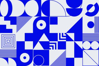 Basit geometrik şekilleri ve temel renkli formları olan modern geometrik soyut desen tasarımı. Poster sanatları, web tasarımı, markalaşma sunumu, albüm baskısı, moda dokusu vs. için harika.