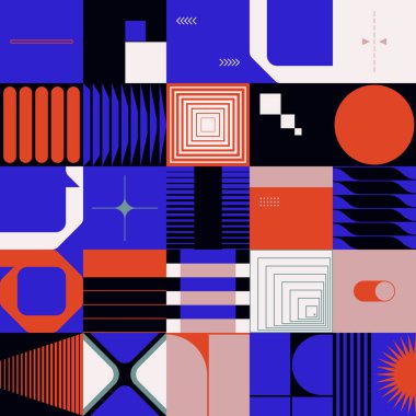 Parlak renkli geometrik şekillerle yapılmış vektör soyut teknolojik elementlerin dijital kolajı, web arkaplanı, poster tasarımı, dergi ön sayfası, yüksek teknoloji baskısı, kapak resmi.