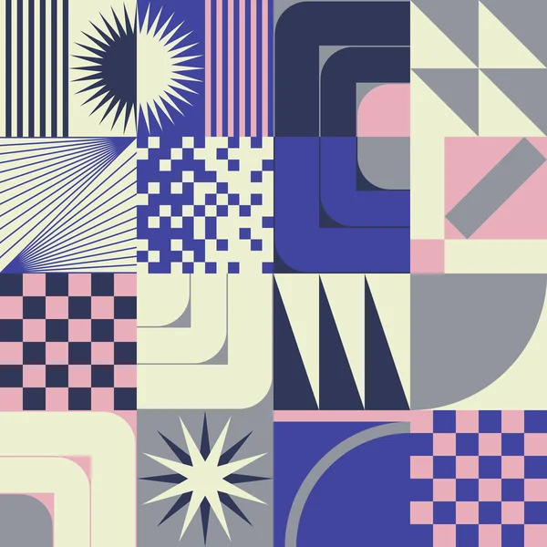 明るいネオン色の幾何学的形状を持つベクトル抽象シンボルのレトロな未来のパターンアートワーク ウェブ背景に役立つ ポスターアートデザイン 雑誌フロントページ ハイテク印刷 カバーアートワーク — ストックベクタ