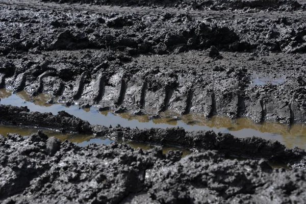 off-road, the ground was wet after the rain, the car passed left a tread mark