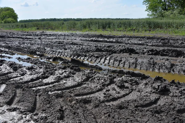 Позашляховик Земля Була Мокра Після Дощу Машина Пройшла Ліворуч Знак — стокове фото