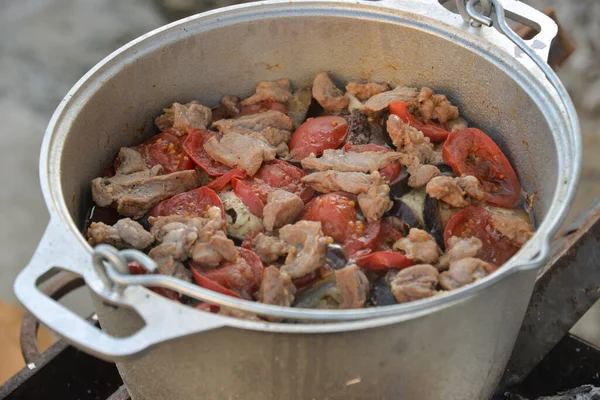 Espetos Carne Peixe Caldeirão Uma Grelha Cozinha Ecológica — Fotografia de Stock