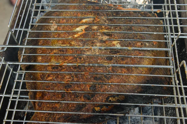 Espetos Carne Peixe Caldeirão Uma Grelha Cozinha Ecológica — Fotografia de Stock