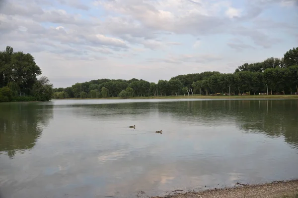 Bellissimo Lago Tramonto Raggi Del Sole Dipingono Acqua Piccole Onde — Foto Stock